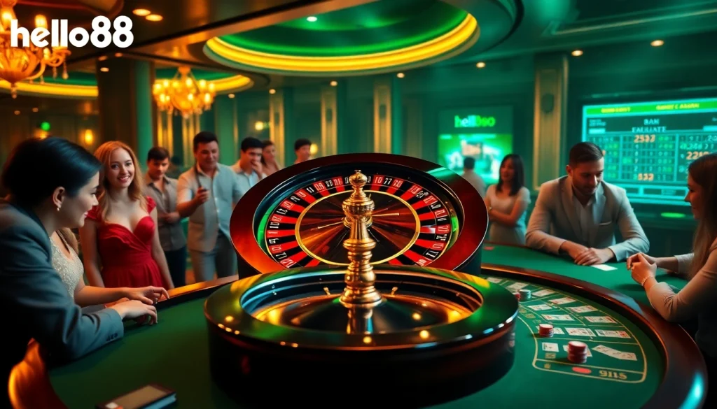 Experience exhilarating gameplay at hello88's luxury casino with vibrant lights and engaging poker tables.