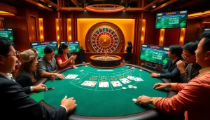Engage with kèo nhà cái at an upscale casino blackjack table filled with cheerful players and vibrant betting elements.