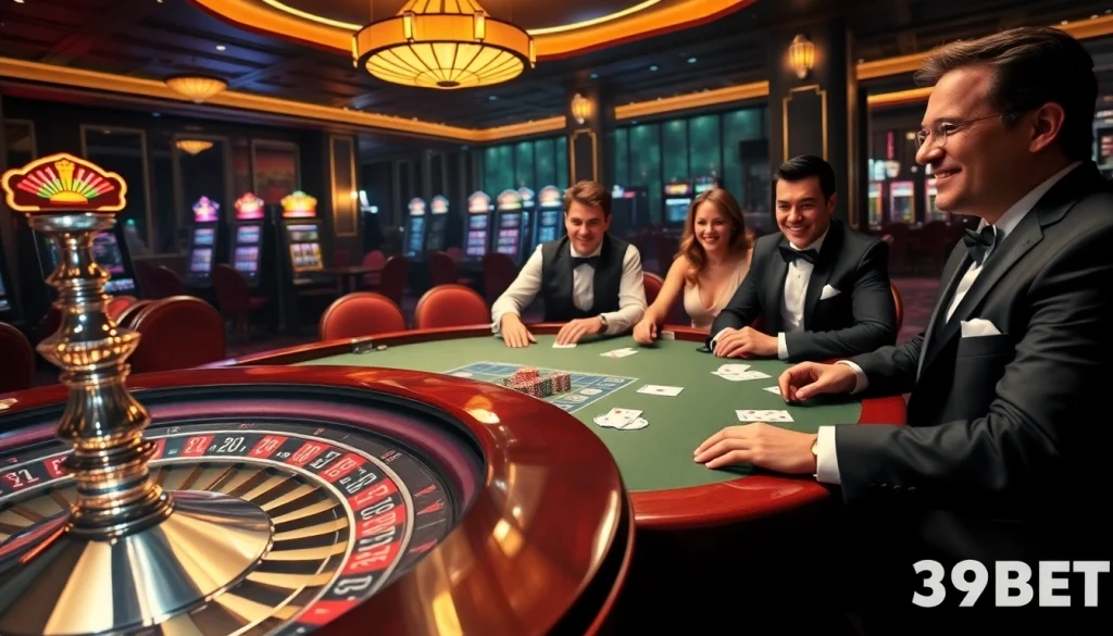 Players celebrating a win at 39BET casino, showcasing poker chips and cards in a luxurious setting.