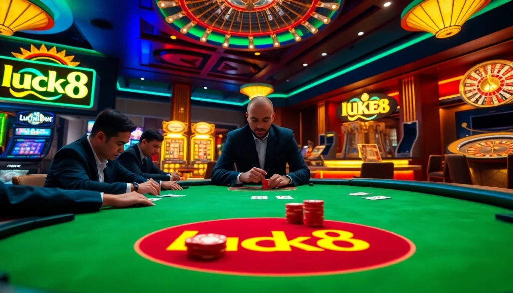 Engaged gamers at Luck8's vibrant poker table amidst a luxurious casino backdrop.