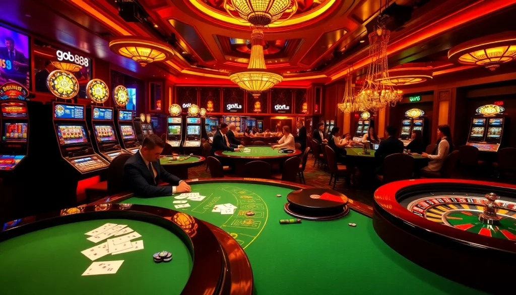 Engaged gamblers enjoying the excitement of the go88 casino experience with vibrant slot machines.