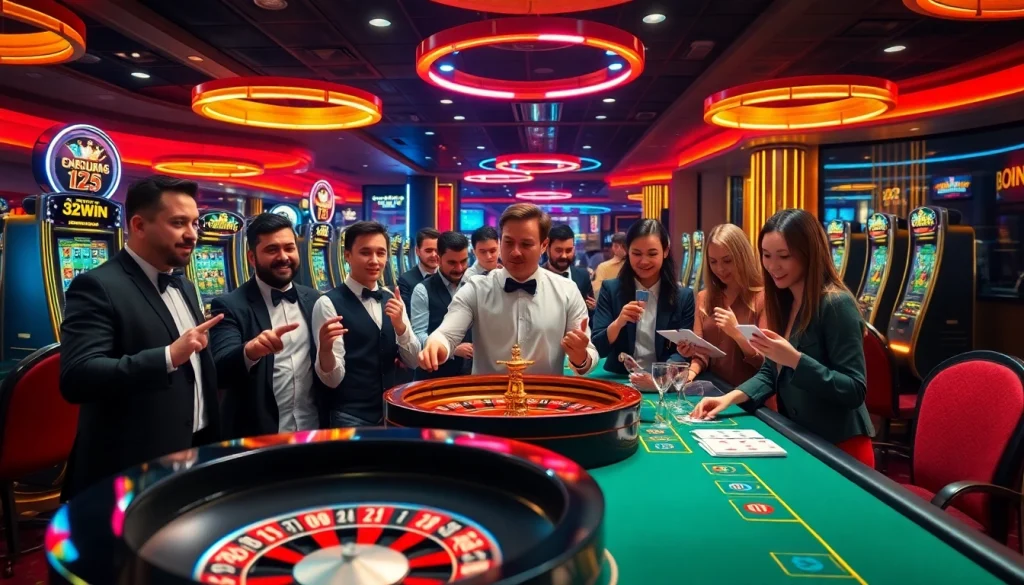 Excited players enjoying the thrills of 32WIN at a luxurious casino table with vibrant gambling elements.