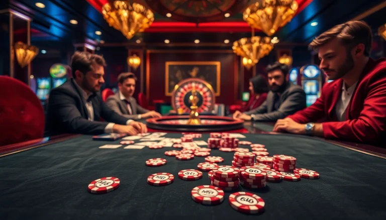 Engage with thrilling MB66-themed poker action, featuring vibrant chips and professional players.