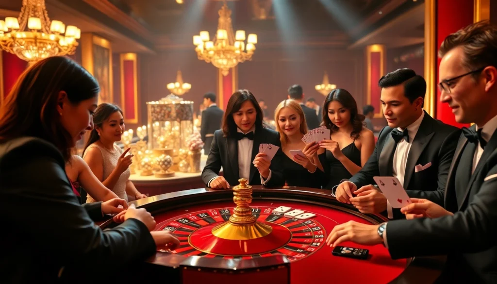 LUCKYWIN casino scene showcasing roulette wheel and engaged players enjoying high-stakes gaming.