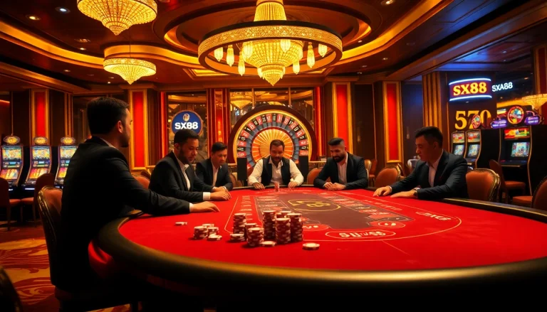 High-stakes poker players at sx88, surrounded by roulette wheels and vibrant casino elements.