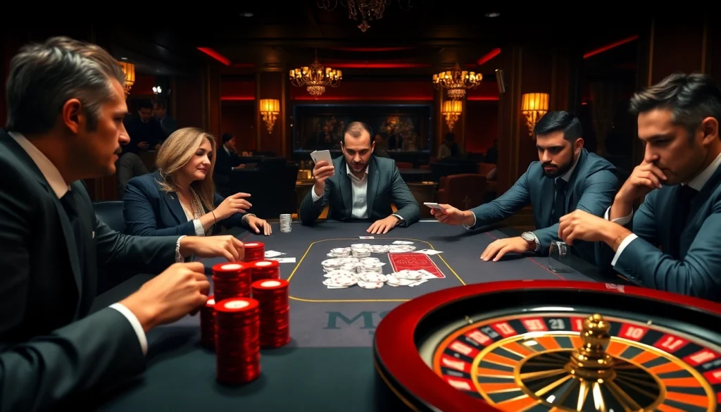 MM88 poker players at a high-stakes game in a luxurious casino.