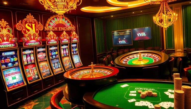 VVJL online casino scene with vibrant slot machines and poker tables showing action and excitement.