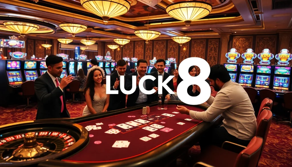 Excited gamblers celebrating a win at LUCK8 casino, showcasing poker chips and cards.