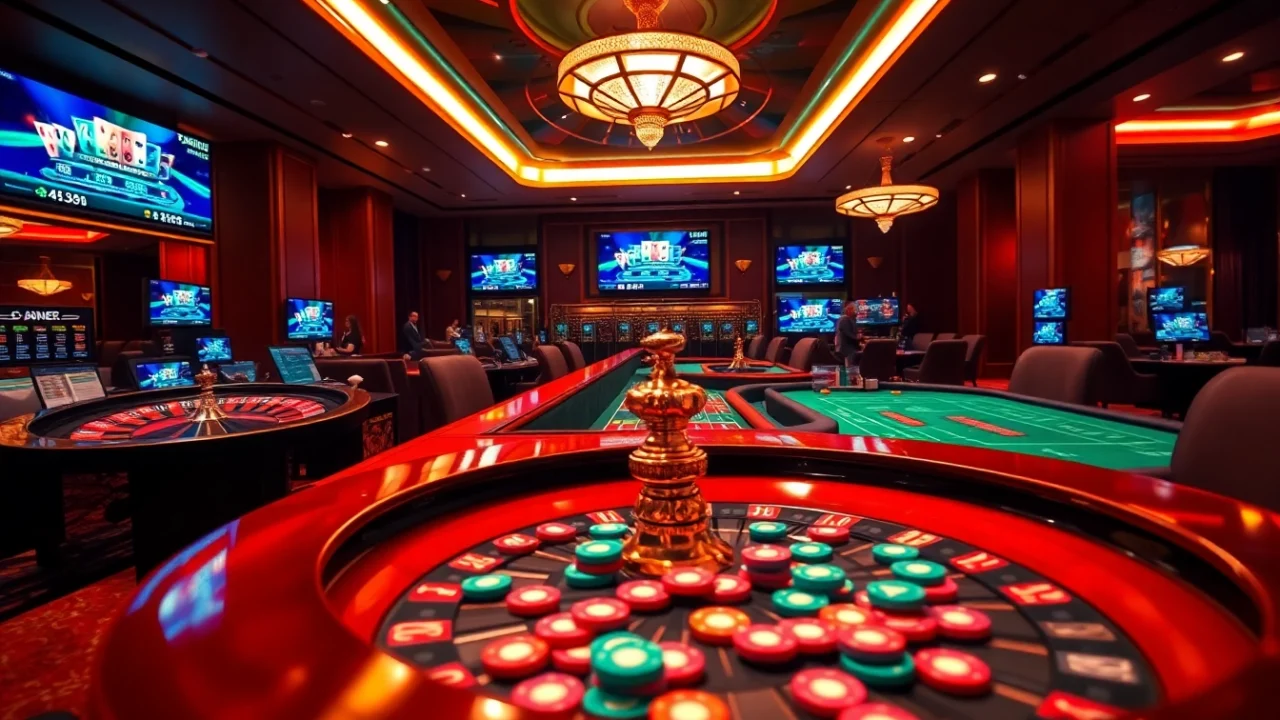 A scene of game bài đổi thưởng showcasing engaged players, casino tables, and vibrant chips.