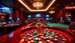 A scene of game bài đổi thưởng showcasing engaged players, casino tables, and vibrant chips.