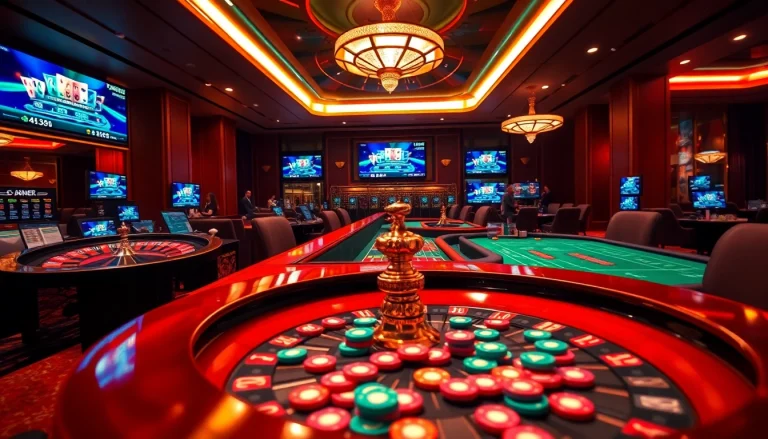 A scene of game bài đổi thưởng showcasing engaged players, casino tables, and vibrant chips.