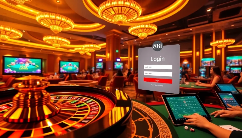 88i đăng nhập experience with players enjoying online gambling at a luxurious casino setting.