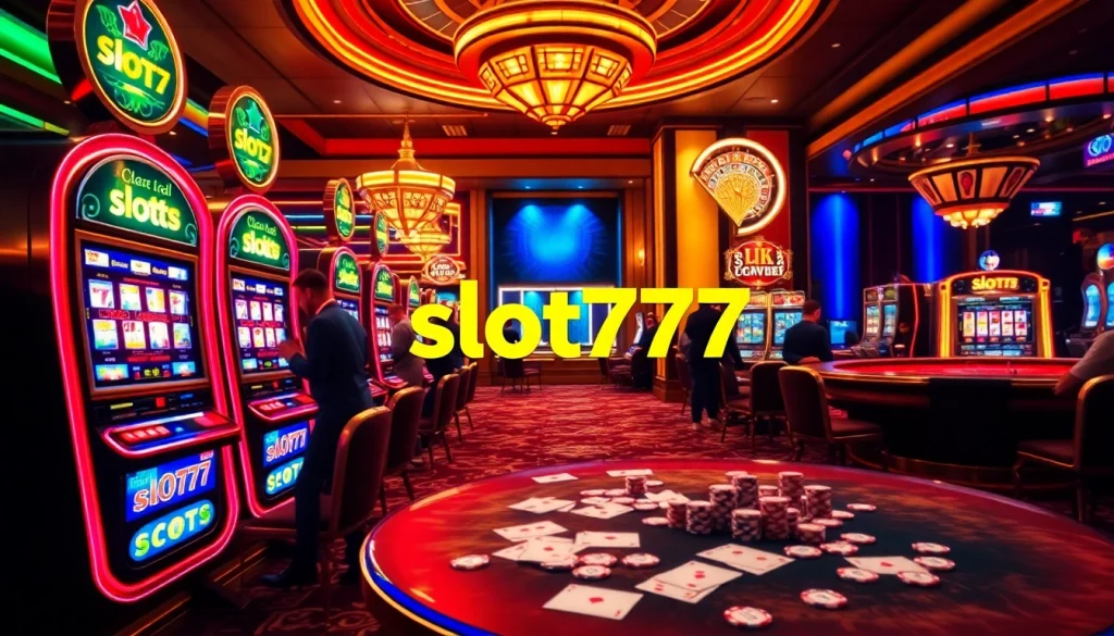 Players enjoying the thrill of slot777 machines in a luxurious casino atmosphere.