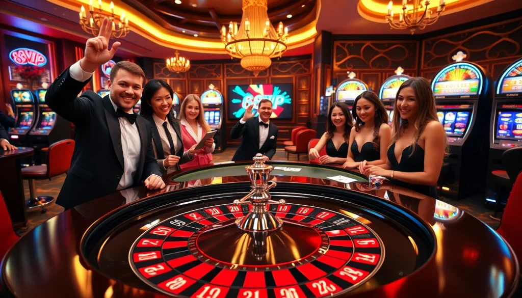 Players enjoying an exciting game at the 68VIP casino, featuring a vibrant roulette table.