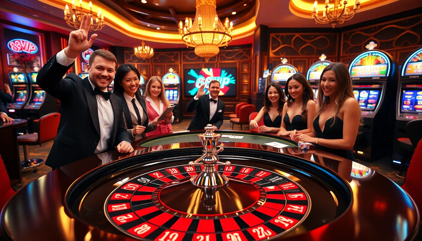 Players enjoying an exciting game at the 68VIP casino, featuring a vibrant roulette table.