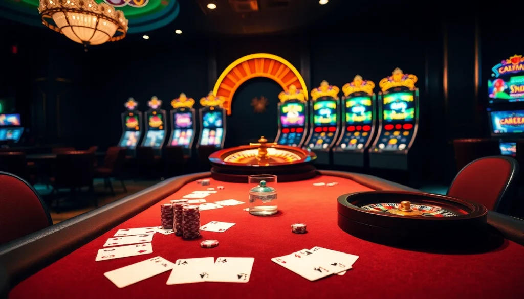 Engaging gamblers at vipwin cc with a vibrant casino scene featuring poker, roulette, and slots.
