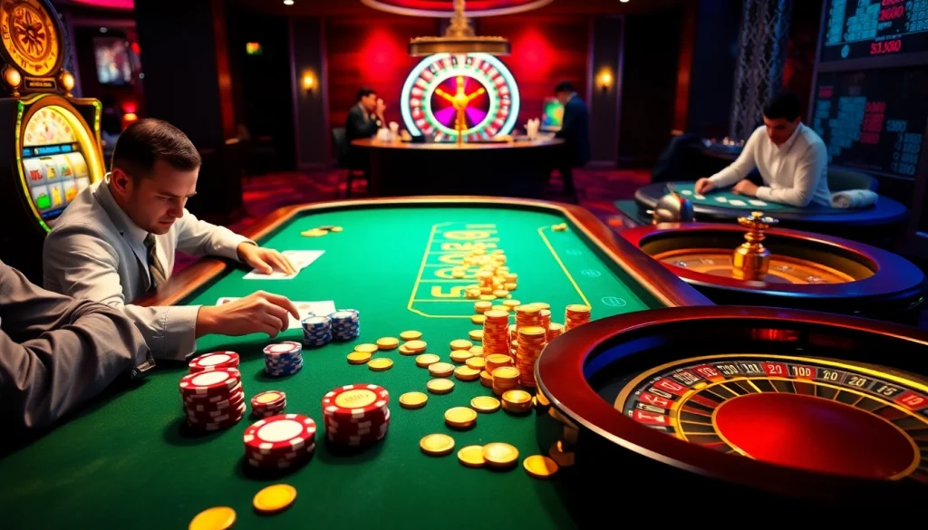 Experience the thrill of uu88 with players engaged in high-stakes poker and vibrant slot machines.