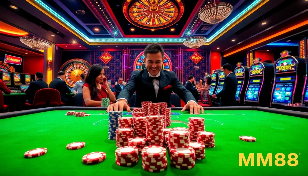 MM88 casino experience with vibrant poker chips and a stylish dealer in action.