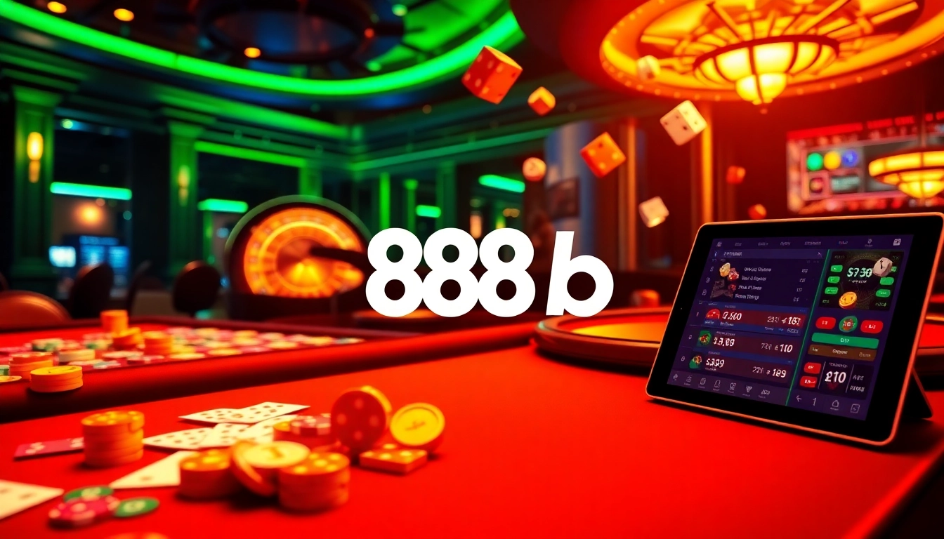 Experience the thrill of online gaming with 888b as vibrant casino elements come to life in a luxurious atmosphere.