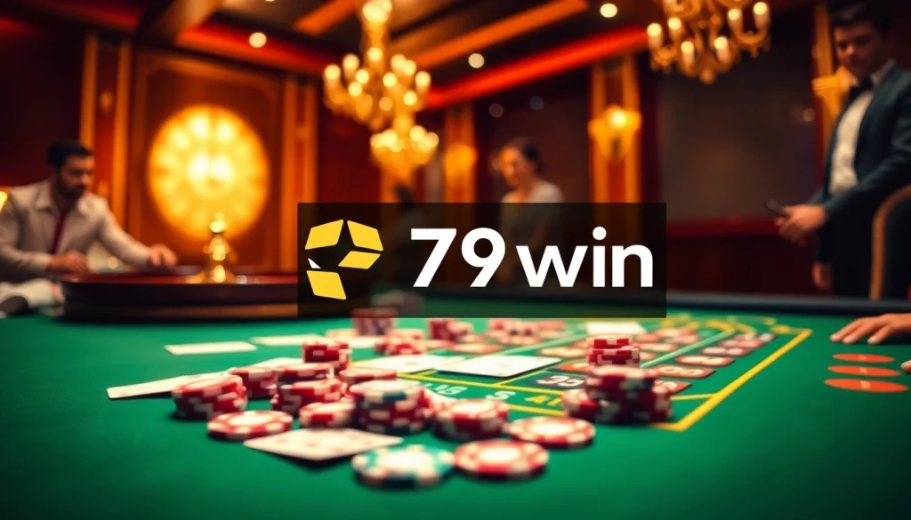 Exciting gambling scene with a vibrant casino table and 79win elements, showcasing poker chips and cards.