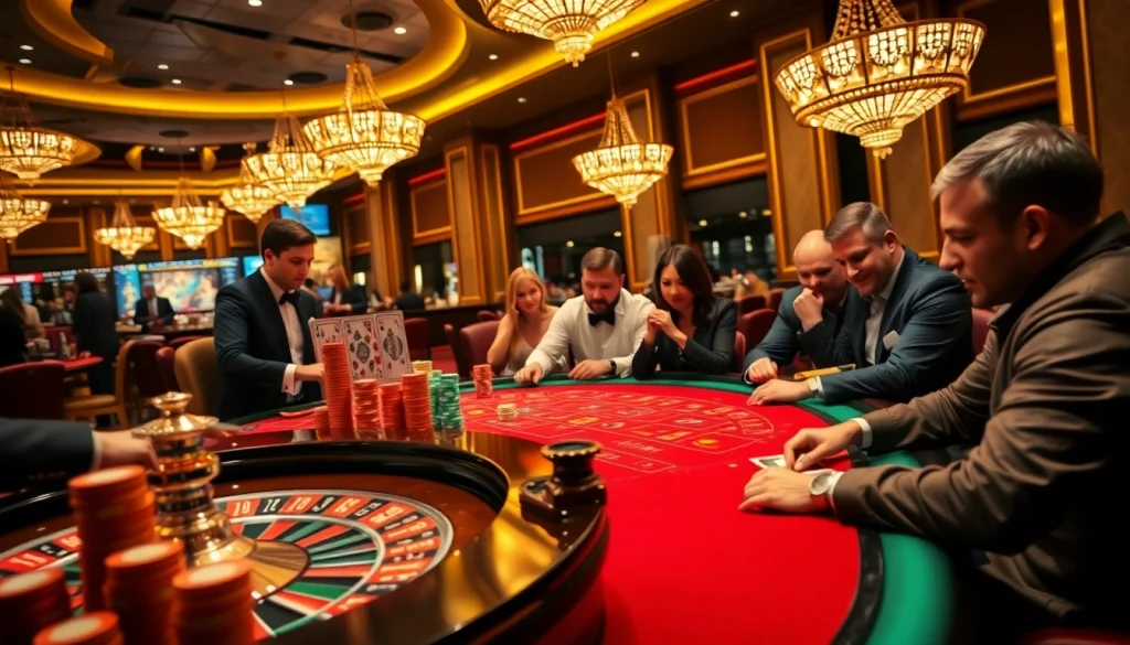 Players enjoying intense poker action with good88 chips at a luxurious casino table.
