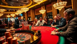Players enjoying intense poker action with good88 chips at a luxurious casino table.