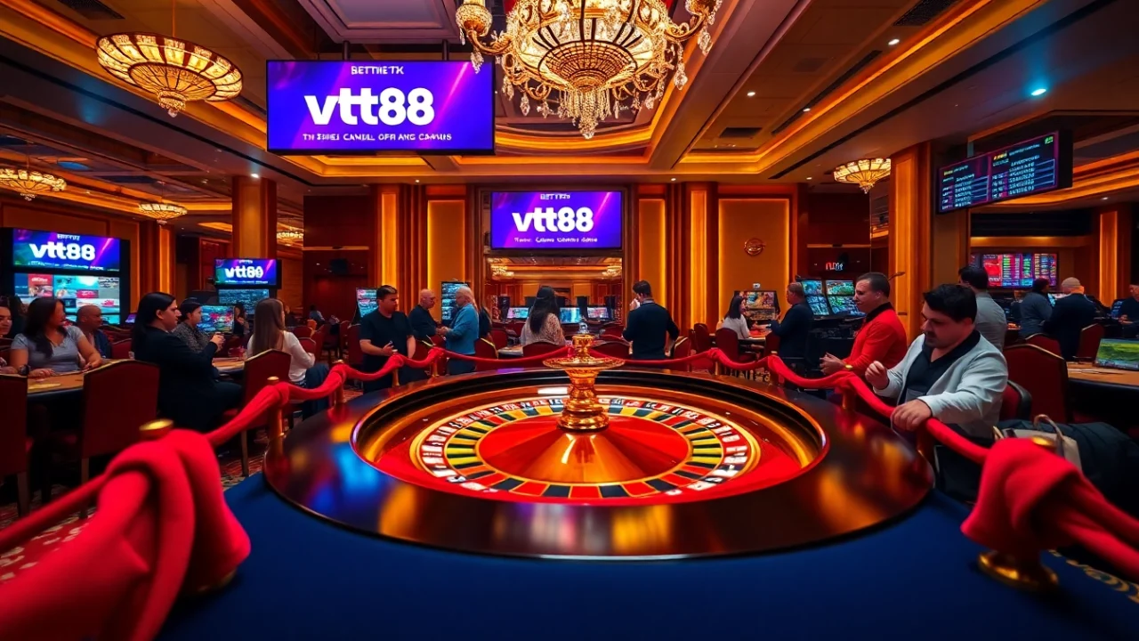 vt88 roulette table surrounded by players with chips, highlighting a lively casino atmosphere