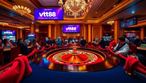 vt88 roulette table surrounded by players with chips, highlighting a lively casino atmosphere