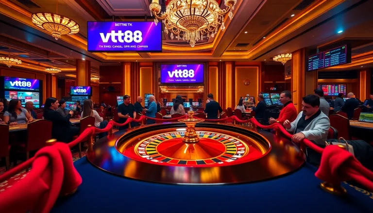 vt88 roulette table surrounded by players with chips, highlighting a lively casino atmosphere