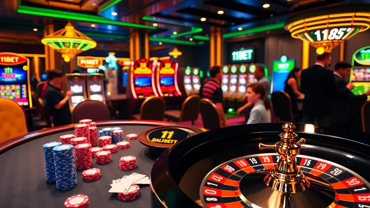 Exciting gambling scene with 11BET branding at a vibrant poker table and roulette wheel.