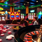 Exciting gambling scene with 11BET branding at a vibrant poker table and roulette wheel.