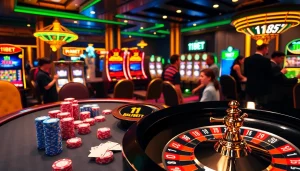 Exciting gambling scene with 11BET branding at a vibrant poker table and roulette wheel.