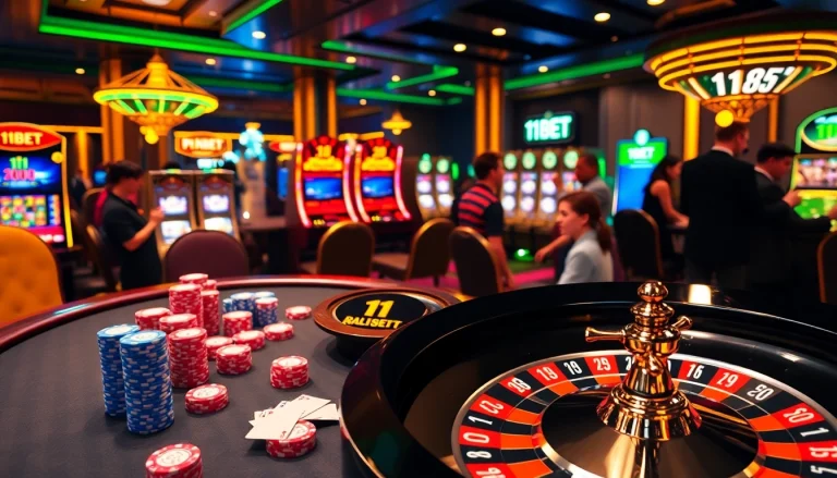 Exciting gambling scene with 11BET branding at a vibrant poker table and roulette wheel.