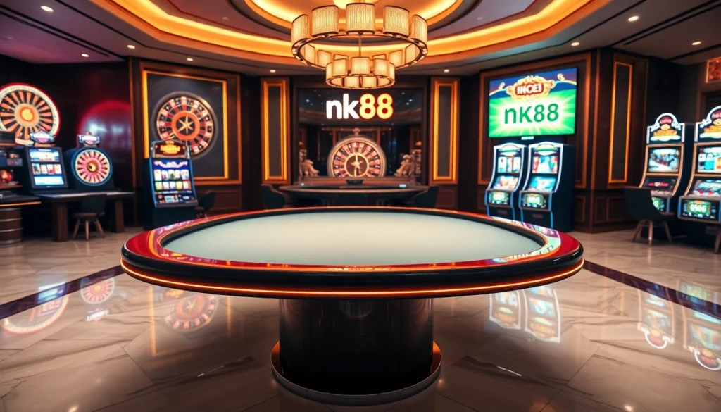 Experience excitement at nk88's live casino with poker tables and roulette wheels in a vibrant setting.