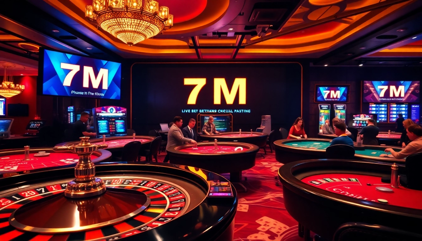 Thrilling casino scene showcasing 7M live betting excitement with cards, chips, and roulette.