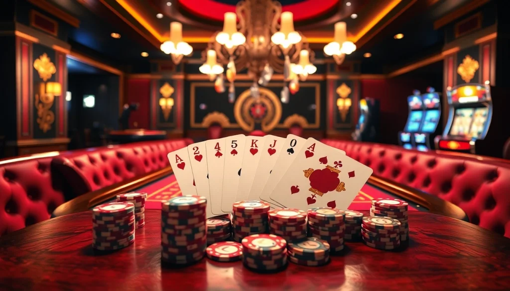 Experience high-stakes poker at CM88's luxurious casino table with vibrant chips and cards.