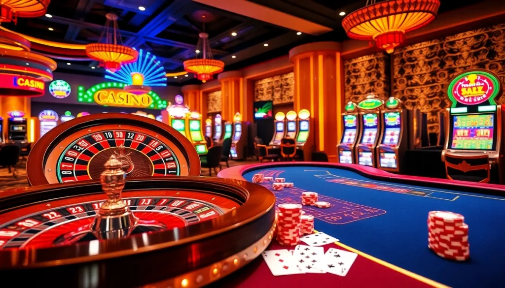 A vibrant casino scene showcasing gambling activities at https://du88.sbs/, featuring roulette and poker.