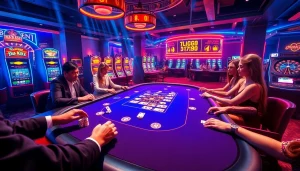 Experience immersive gaming at LC88 as players strategize with cards and chips amidst a luxurious casino atmosphere.