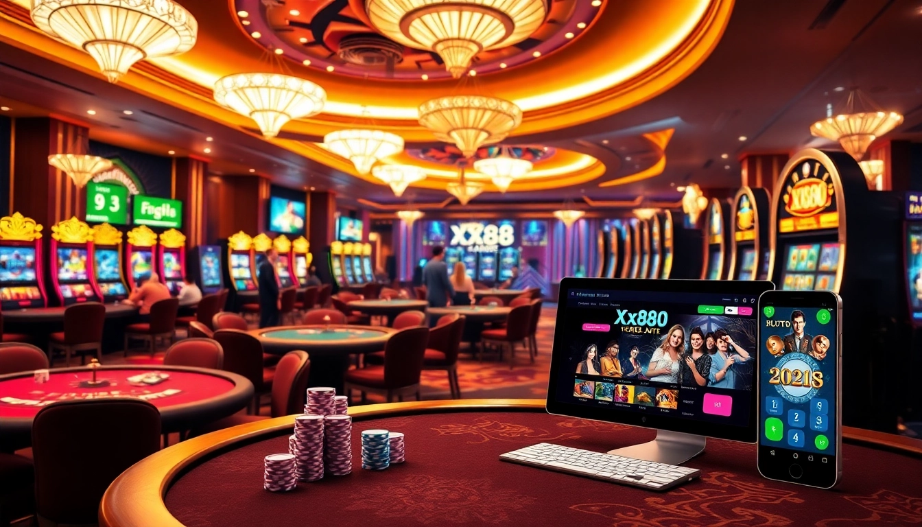 Experience the excitement of xx88.se.net with vibrant gaming visuals of poker tables and modern slot machines.