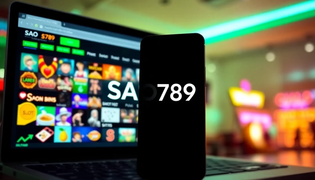 SAO789 online gambling platform interface featuring games and mobile app.