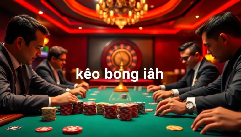 High-stakes poker table focusing on kèo bóng đá bets with colorful poker chips and an exciting atmosphere.