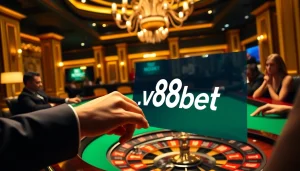 Experience the thrill of gambling at new88bet with poker chips, cards, and roulette tables.