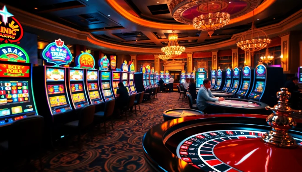 Pemain menikmati mesin slot depo pulsa yang berwarna-warni di lingkungan kasino mewah.
