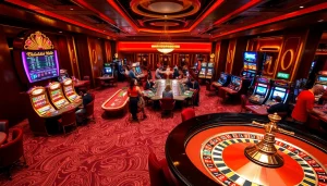 Engage with vibrant slot machines and roulette tables at https://sv88s.pro casino, showcasing excitement and luxury.