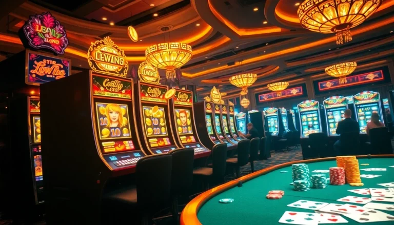 Experience the thrill of nổ hũ with luxurious slot machines and enthusiastic players in a vibrant casino setting.