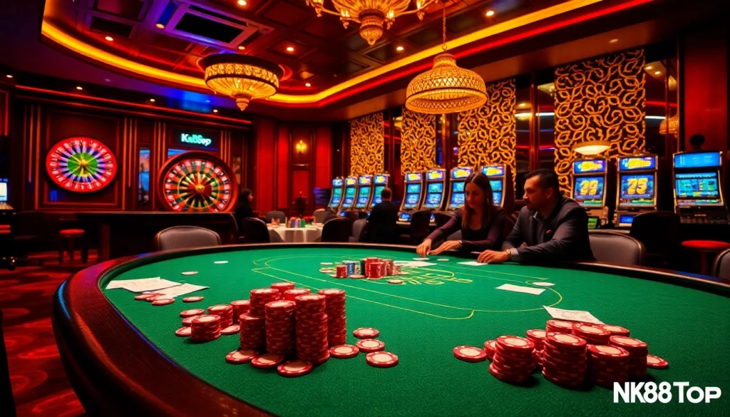 Experience the luxury of NK88 Top with high-stakes poker action in a vibrant casino setting.