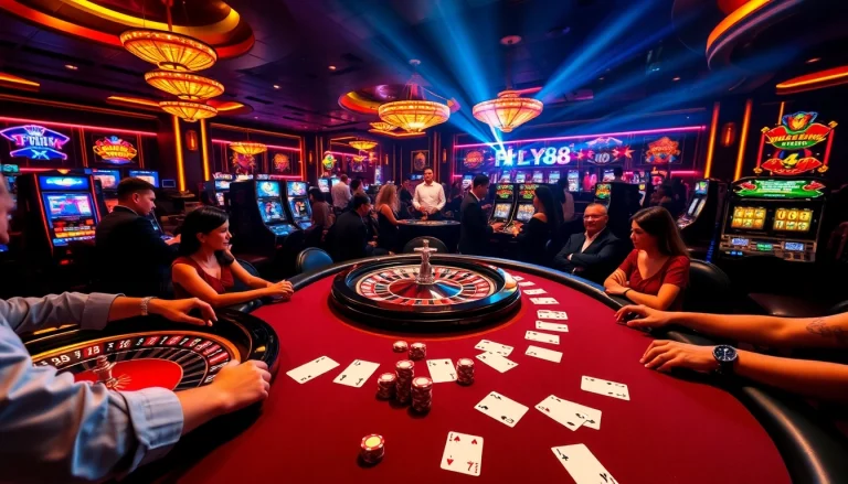 Experience the excitement of FLY88 casino with vibrant poker tables and engaging live dealers.
