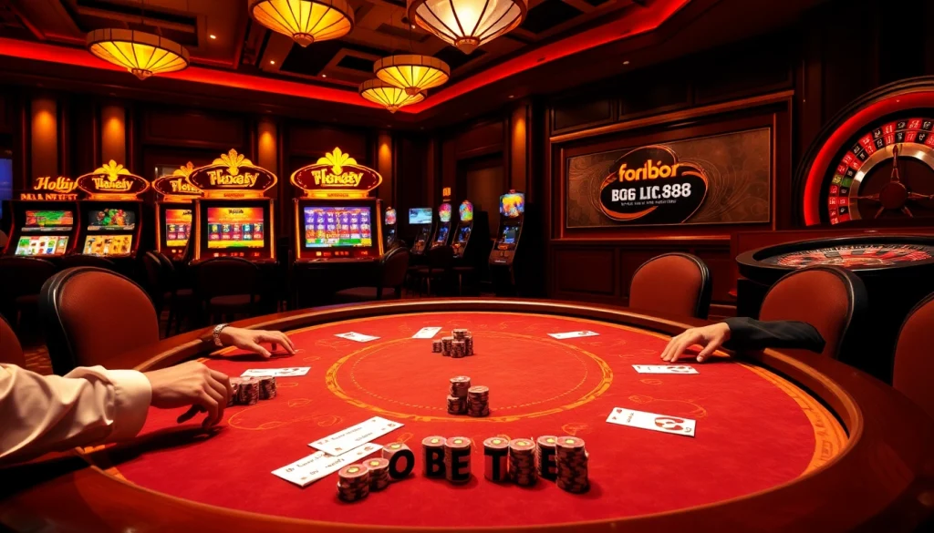 Players at a luxury casino table engaging with lc88 poker chips and vibrant slot machines.