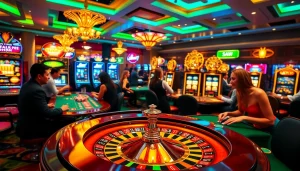 A lively casino scene filled with engaging players and vibrant slot machines at https://xx88.directory/ focused on excitement.