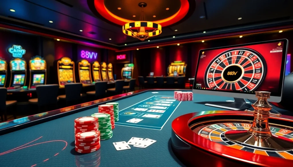 Engage in a thrilling online gambling experience with 88vv, featuring vibrant casino tables and exciting slot machines.